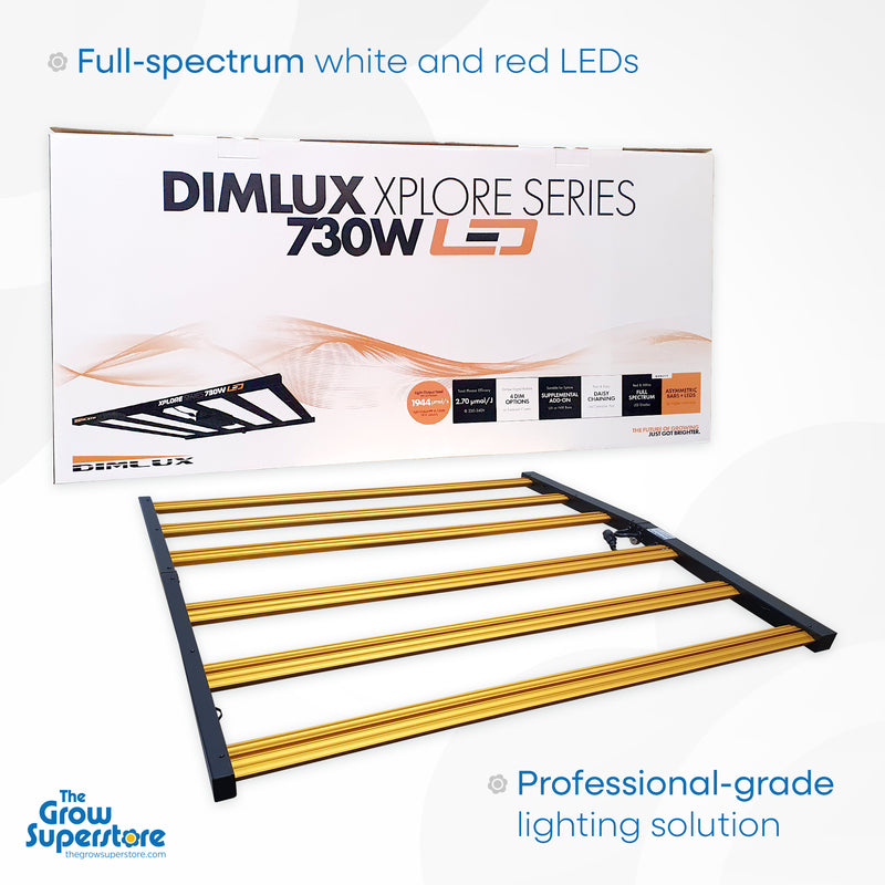 DimLux Xplore Series 730W LED Grow Light showcasing full-spectrum LEDs and professional-grade design.