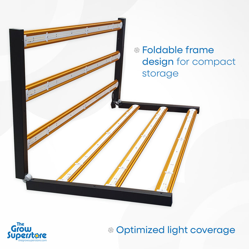 Foldable LED grow light frame design for compact storage and optimized light coverage.