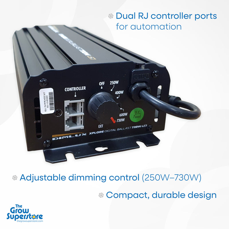 DimLux Xplore 730W digital ballast with adjustable dimming and dual RJ ports for automation.