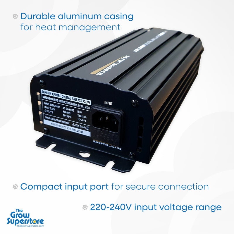 DimLux Xplore 730W Digital Ballast featuring durable aluminum casing and compact input port for secure connection.