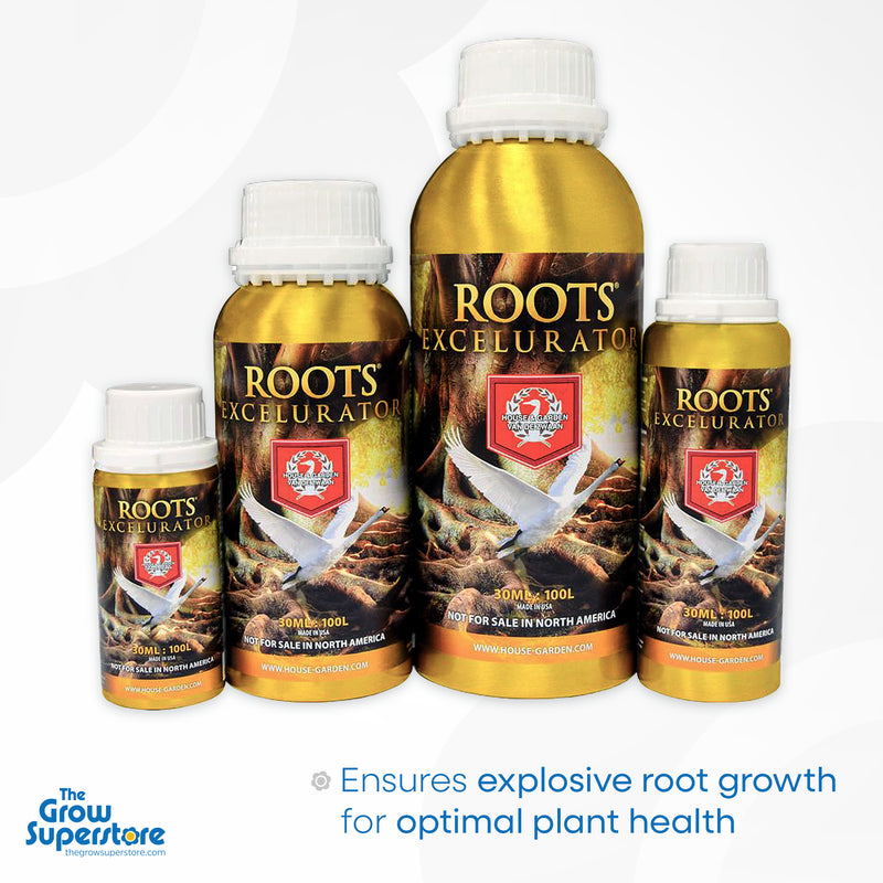 Full product range of House & Garden Roots Excelurator (30 ml to 1 L), a premium root stimulator designed to ensure explosive root growth and optimal plant health for soil, coco, and hydroponic systems. Available at The Grow Superstore – thegrowsuperstore.com