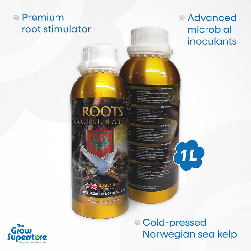 House & Garden Roots Excelurator 1 L bottle, featuring a premium root stimulator with advanced microbial inoculants and cold-pressed Norwegian sea kelp for healthy plant growth. Available at The Grow Superstore – thegrowsuperstore.com