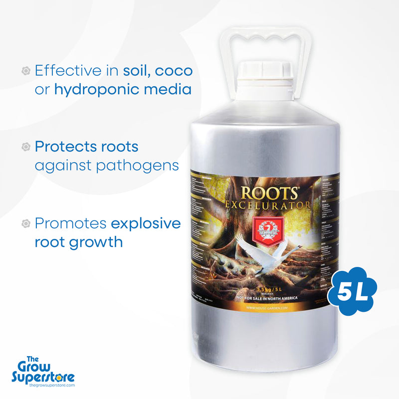 House & Garden Roots Excelurator 5 L container, effective in soil, coco, or hydroponic media, protecting roots against pathogens while promoting explosive root growth. Available at The Grow Superstore – thegrowsuperstore.com