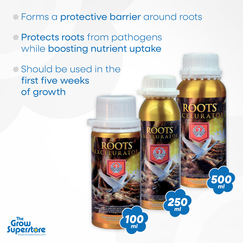 House & Garden Roots Excelurator 100 ml, 250 ml, and 500 ml variants, forming a protective barrier around roots, protecting them from pathogens, and boosting nutrient uptake during the first five weeks of growth. Available at The Grow Superstore – thegrowsuperstore.com