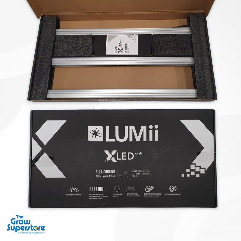 Unboxing the LUMii XLED 680W LED V6 grow light, showcasing its secure packaging, foldable design, and included setup guide. Available at The Grow Superstore – thegrowsuperstore.com