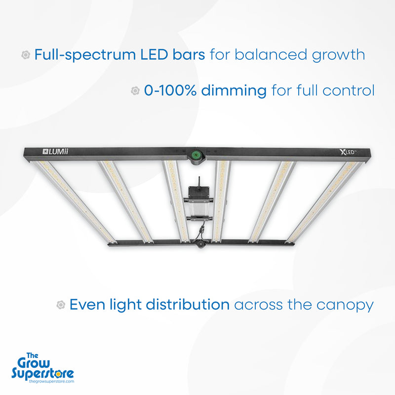 LUMii XLED 680W LED V6 grow light with full-spectrum LED bars, ensuring even light distribution across the plant canopy. Available at The Grow Superstore – thegrowsuperstore.com