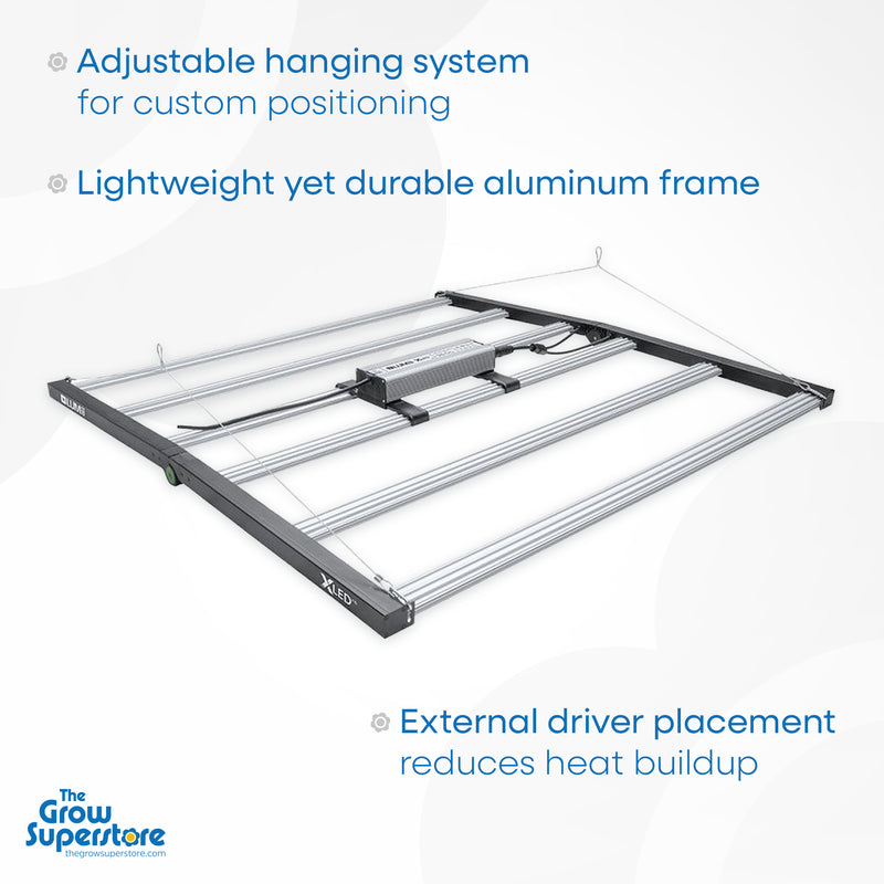 Side view of the LUMii XLED 680W LED V6 highlighting its adjustable hanging system, durable aluminum frame, and external driver placement for efficient cooling. Available at The Grow Superstore – thegrowsuperstore.com