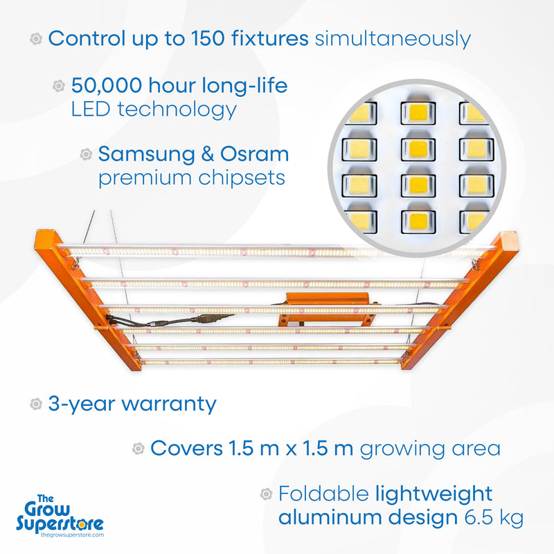 High-quality 720W LED grow light available at The Grow Superstore (thegrowsuperstore.com). Features Samsung and Osram premium chipsets, 50,000-hour long-life LED technology, and a foldable lightweight aluminum design weighing 6.5 kg. Controls up to 150 fixtures simultaneously and covers a 1.5m x 1.5m growing area. Includes a 3-year warranty. Perfect for hydroponic and indoor gardening enthusiasts.