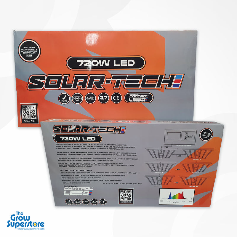 Solar-Tech 720W LED grow light packaging, featuring enhanced 680nm red spectrum, Samsung and Osram chipsets, and ControlLED technology, available at The Grow Superstore (thegrowsuperstore.com).