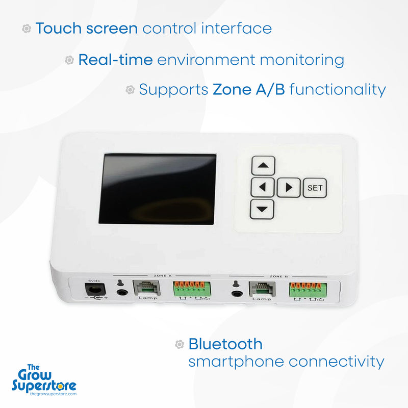 Touch screen controller for Solar-Tech Pro LED lighting system, featuring smartphone connectivity and real-time environment monitoring, available at The Grow Superstore (thegrowsuperstore.com).