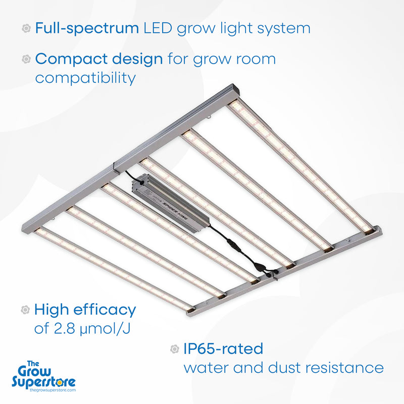 Spider King 720W LED grow light featuring a full-spectrum LED array, compact design, IP65 water-resistant build, and energy efficiency of 2.8 µmol/J. Available at The Grow Superstore – thegrowsuperstore.com