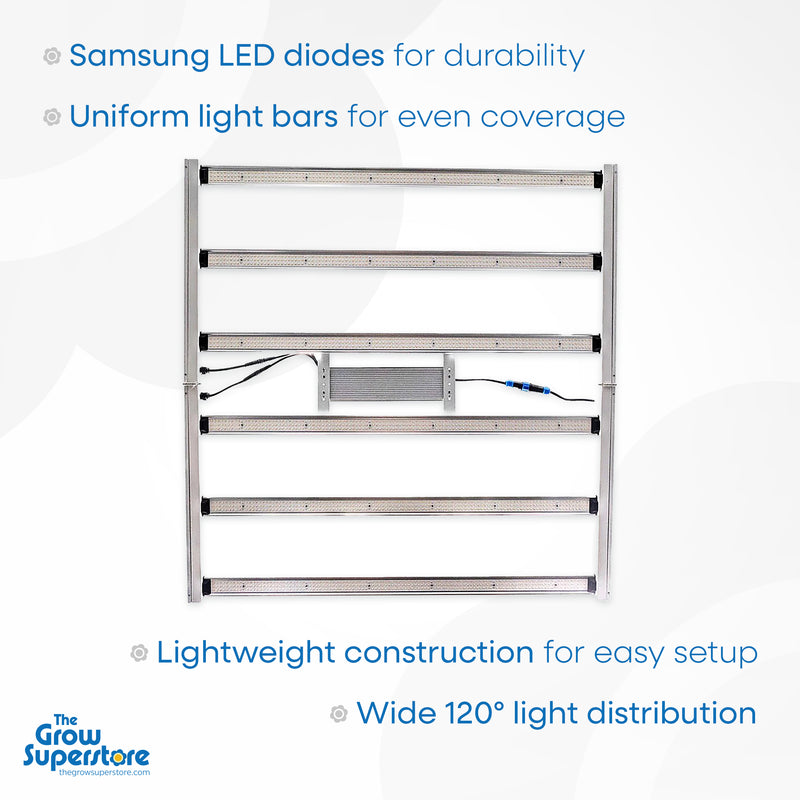 Spider King 720W LED grow light showcasing uniform light bars, Samsung LED diodes, wide 120° light distribution, and lightweight construction. Available at The Grow Superstore – thegrowsuperstore.com