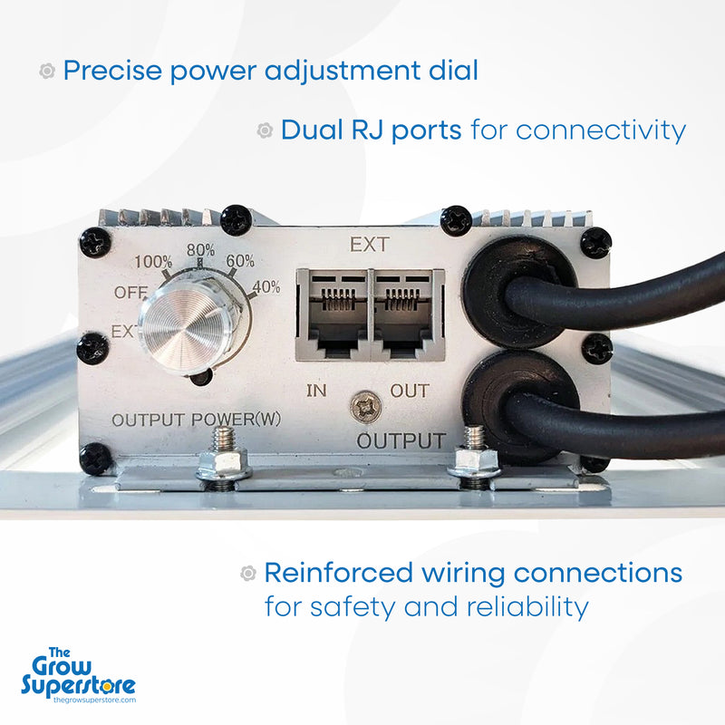 Detailed view of the Spider King 720W LED grow light featuring a precise power adjustment dial, dual RJ ports, and reinforced wiring for enhanced reliability. Available at The Grow Superstore – thegrowsuperstore.com